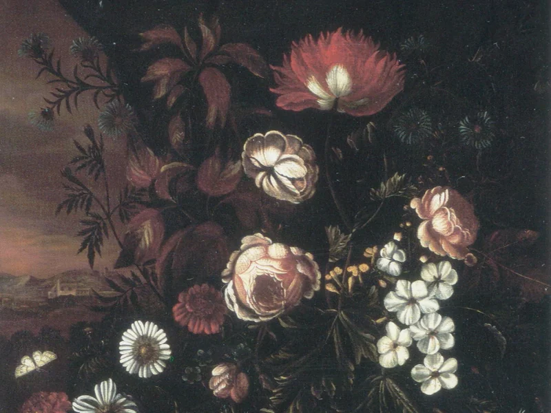 1663-Maria Withoos - Fiori e piante con vista su un paesaggio italiano sulla sinistra